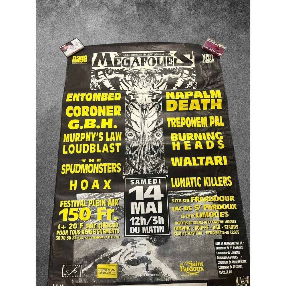 VTG 1994 Megafolies Festival Poster Napalm Death Entombed Coroner GBH Loudblast